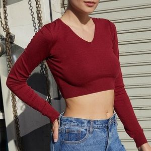Brandy Melville Burgundy Vneck Crop Sweater